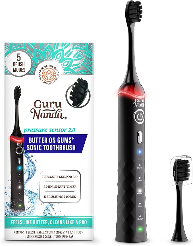 GuruNanda Pressure Sonic 2.0 Electric Toothbrush with Butter On Gums Bristles – Smart Pressure Sensor 5 Modes 2-Min Timer 55-Day Rechargeable Battery IPX7 Waterproof Black