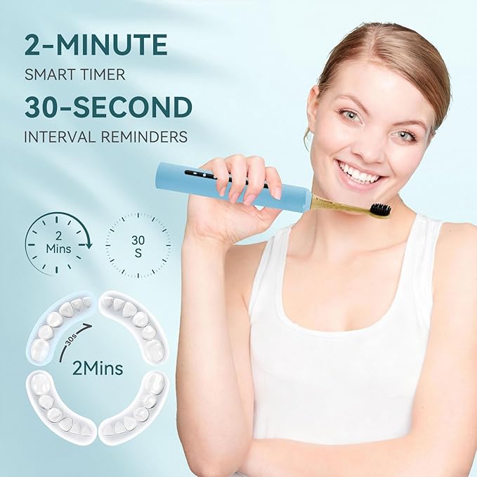 Bamboo Electric Toothbrush for Adults丨Rechargeable Electric Toothbrush with 3 Non Toxic Charcoal Infused Bamboo Brush Heads 5 Cleaning Modes 60 Days Battery Life IPX7 Waterproof-Blue