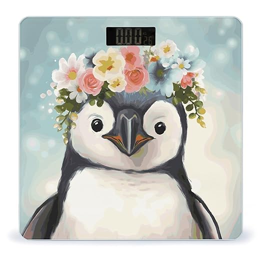 Penguin Wearing Flowers Scale for Body Weight Anti-Slip Digital Bathroom Scale Sturdy Toughened Glass Weighing Scales High Precision Safe Rounded Corners Smart Scales