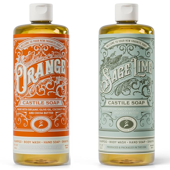 Carolina Castile Soap Carolina Orange and Sage Lime Castile Soap Liquid - 32 oz Vegan &amp Pure Organic Concentrated Non Drying All Natural Formula Body Wash &amp Shampoo