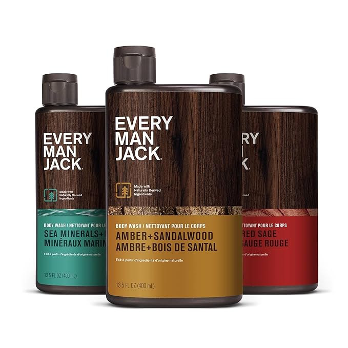 Every Man Jack Men's Body Wash Variety Pack - Includes 3 Body Washes with Natural Ingredients &amp Incredible Scents - Amber + Sandalwood Cedar + Red Sage Sea Minerals + Citron Fragrances (3 Pack)