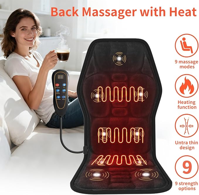 Back Massager Cushion with Heat - 9 Vibration Motors 9 Massage Modes &amp 9 Intensity Levels 4-Zone Full Back Massage 3 Heat Settings &amp Timer Ideal for Back Pain Relief Home &amp Office Use Gift