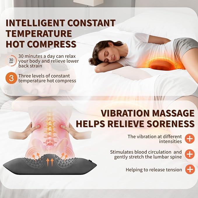 Portable 3-in-1 Rechargeable Pillow: Triple Fusion Back Massager Smooth Spine Massager Sciatica &amp Lumbar Massager with Heat Vibration Traction