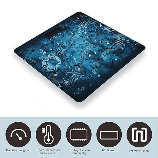 Blue Musical Notes Scale for Body Weight Safe Rounded Corners Tempered Glass Digital Bathroom Scale LED Display 400lb Capacity Weight Scales with High Precision Sensors
