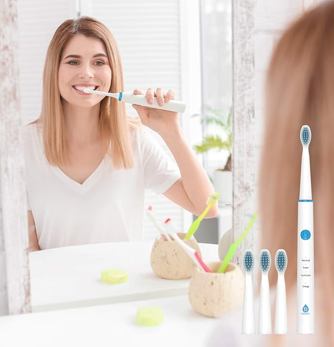 Pursonic Sonic Technology Electric Toothbrush for Kids and Adults 2 Minute Timer Powered Rechargeable Toothbrush 5 Modes 3 Brush Heads 30 Days Long Battery Life Waterproof White (Pack of 2)