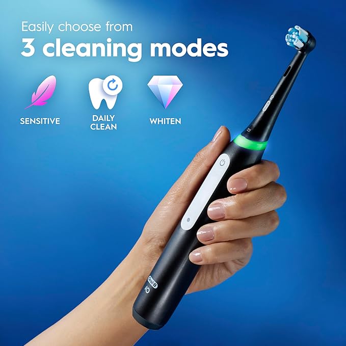 Oral-B Rechargeable Electric Toothbrush iO3 Limited Deep Clean 3 Cleaning Modes Visual Pressure Sensor to Protect Gums 2 Brush Heads Travel Case ICY Blue