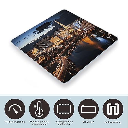 Las Vegas Night View Scale for Body Weight Anti-Slip Tempered Glass Digital Bathroom Scales Clear LCD Display Weighing Scale Safe Rounded Corners Smart Scales