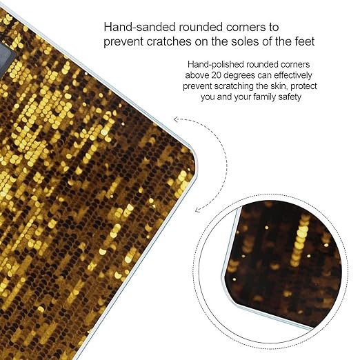 Gold Sequin Sparkle Scale for Body Weight Anti-Slip Tempered Glass Digital Bathroom Scales Clear LCD Display Weighing Scale Safe Rounded Corners Smart Scales