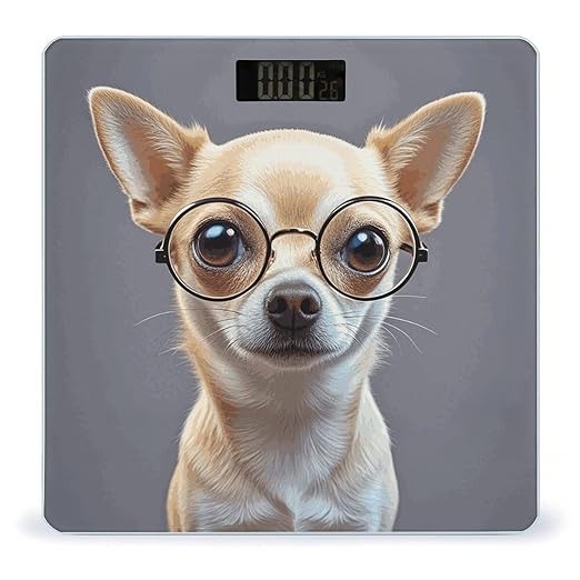 Chihuahua Dog Glasses Bathroom Scale Automatic Power On/Off Body Scales LCD Backlight Display Square Digital Scale Rounded Corners Bathroom Scales for Home Bedrooms