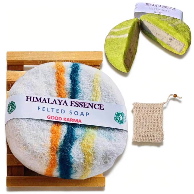 Handmade Felted Essential oil SoapHandcrafted Felted SoapUnique Bathroom DecorTibetan Yak Milk and WoolFacial Cleanser Body Wash 100g (Good Karma)