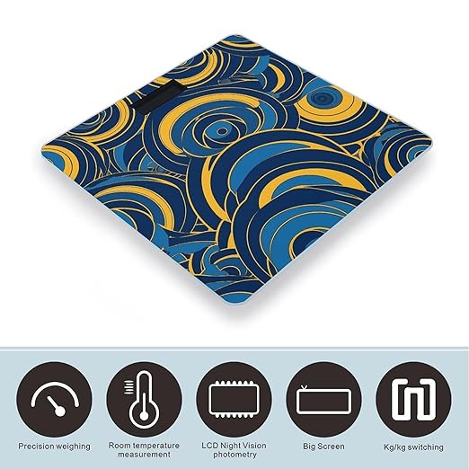 Blue and Yellow Pattern Scale for Body Weight Anti-Slip Tempered Glass Digital Bathroom Scales Clear LCD Display Weighing Scale Safe Rounded Corners Smart Scales