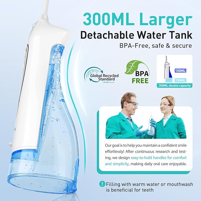 COSLUS Water Dental Flosser Teeth Pick C20(F5020E): Portable Cordless Oral Irrigator 300ML Rechargeable Travel Irrigation Cleaner IPX7 Waterproof Electric Flossing Machine for Teeth Cleaning White