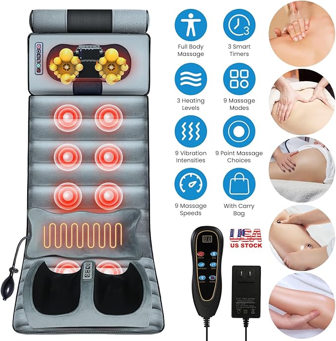 iMounTEK Electric Massage Mat Full Body Heating Vibration Massage Pad Cushion Back Mattress Chair Pad with Neck Foot Head Pillow and Cloth Lumbar Pillow Timer Anti-Slip Bottom/Grey