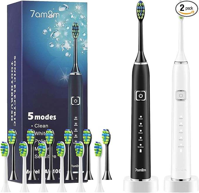 7AM2M Sonic Electric Toothbrush with 6 Brush Heads for Adults and Kids One Charge for 90 Days Wireless Fast Charge 5 Modes with 2 Minutes Built in Smart Timer Electric Toothbrushes (Black&ampWhit