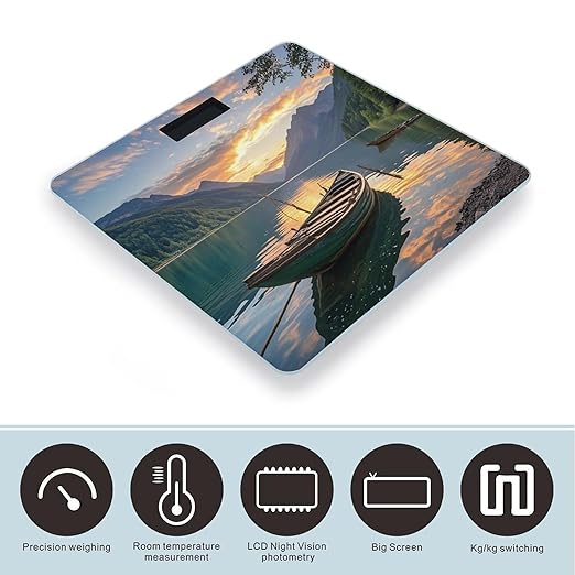 River Sunset Wooden Boat Smart Scale for Body Weight Accurate Bathroom Scale with LED Display Digital Weight Scales Weighing Machine High Precision Scales for Bath Home