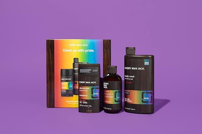Every Man Jack Pride Essentials Box - Includes Three Grooming Essentials with Clean Ingredients &amp Incredible Scents - Round Out His Routine with Body wash Deodorant and 2-in-1 Shampoo