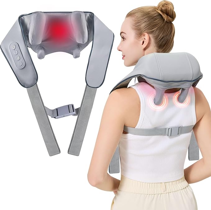4D Wireless Deep Tissue Kneading Neck Massager with Heating Function Shiatsu and Shoulder Massage PillowBack and Leg Pain Relief Body Muscle Pain Relief Perfect Gifts for Men Women. (Grey)