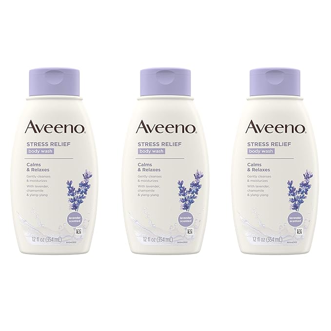 Aveeno Stress Relief Body Wash with Soothing Oat Lavender Chamomile &amp Ylang-Ylang Essential Oils Hypoallergenic Dye-Free &amp Soap-Free Calming Body Wash 12 fl. Oz (Pack of 3)