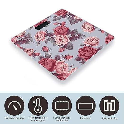 Red Roses Floral Scale for Body Weight Anti-Slip Sturdy Tempered Glass Weighing Machine Highly Digital Accurate Bright LCD Bathroom Scale for Household Gift