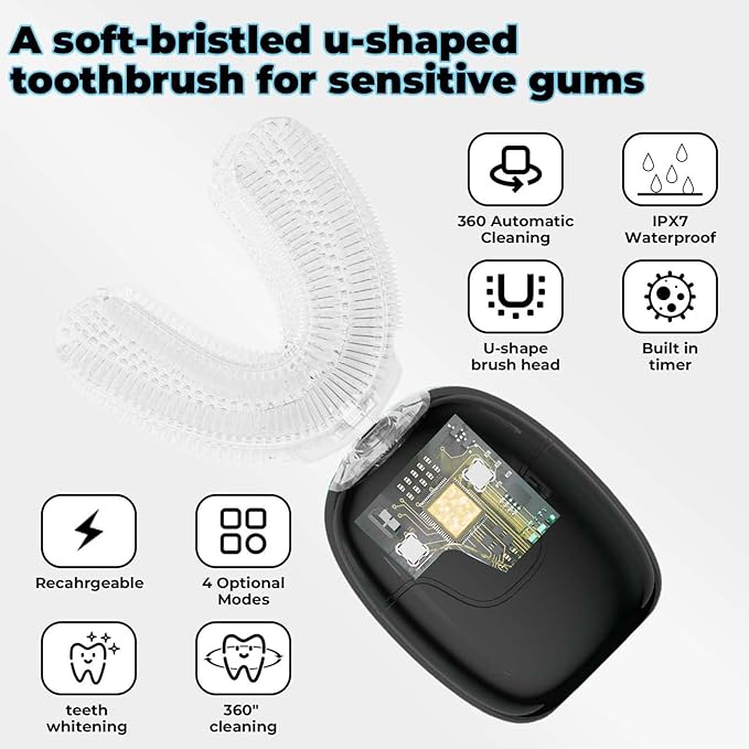 U Shaped Electric Toothbrush for Adults Rechargeable Electric Toothbrush with 360° U Brush Nylon Bristles 3 Brushing Modes IPX7 Waterproof Home &amp Travel Use