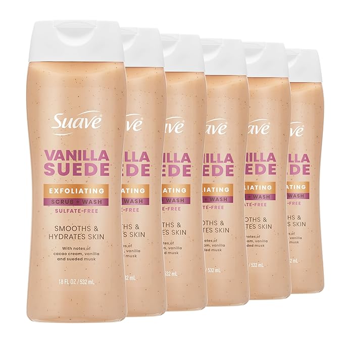 Suave Vanilla Suede Exfoliating Body Wash &amp Scrub with Glycerin &amp Vitamin E Sulfate-Free Hydrating Cleanser for Soft Smooth Skin 6 Count 18 FL OZ