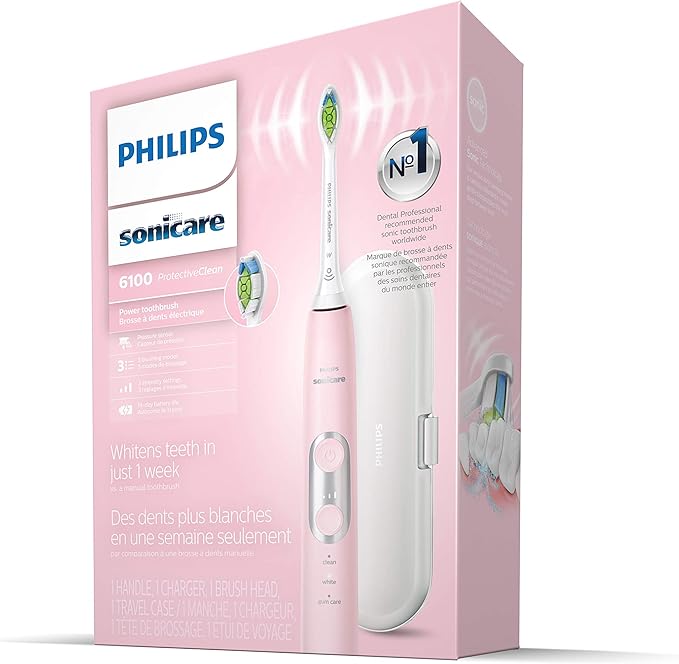 Philips Sonicare ProtectiveClean 6100 Rechargeable Electric Toothbrush with Pressure Sensor 3 Cleaning Modes SmarTimer and QuadPacer 14-Day Battery Life Travel Case Pink Model HX6876/21