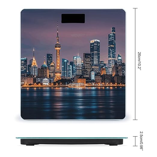 City Picture Night Scale for Body Weight Highly Accurate Digital Bathroom Electronic Weighing Machine for People LCD Display Large Size Tempered Glass for Safe Home Use