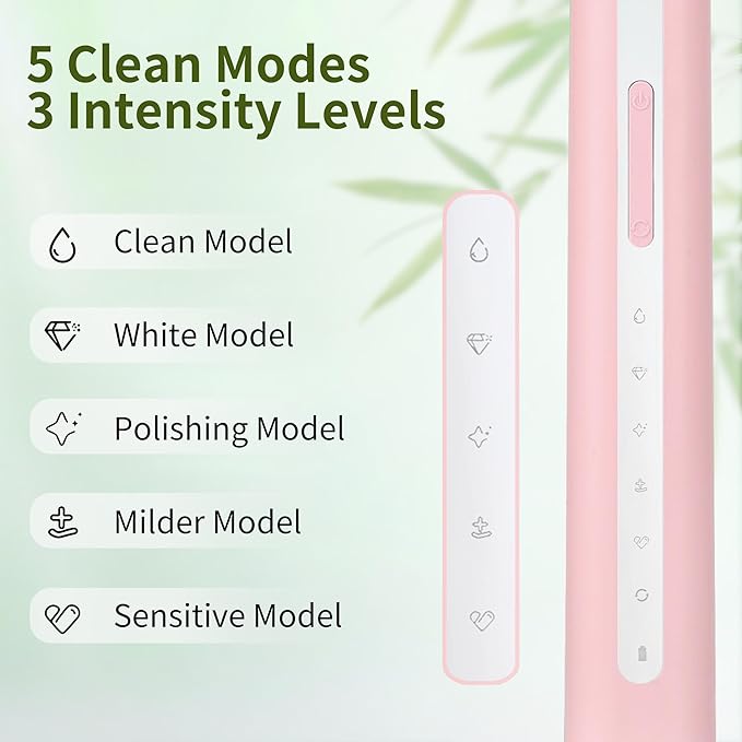 Bamboo Electric Toothbrush丨Rechargeable Electric Toothbrush with 4 Bamboo Heads Soft Castor Oil Bristles5 Moedes&amp3 Intensities 45 Days Battery Life IPX7 Waterproof-Pink