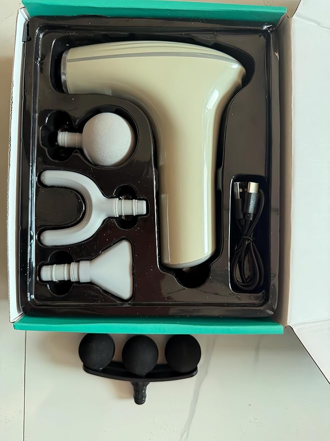 Deep Tissue Massage Gun Portable Percussion Muscle Massager with Four Interchangeable Heads Useful for Athletes Gym Office (Cream)