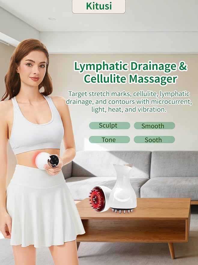 Lymphatic Drainage Massager &amp Anti Cellulite Massage Tool for Legs Arms &amp Belly BodyHelps Reduce Stretch Marks &amp Cellulitewith Microcurrent Light Heat &amp Vibration (White)