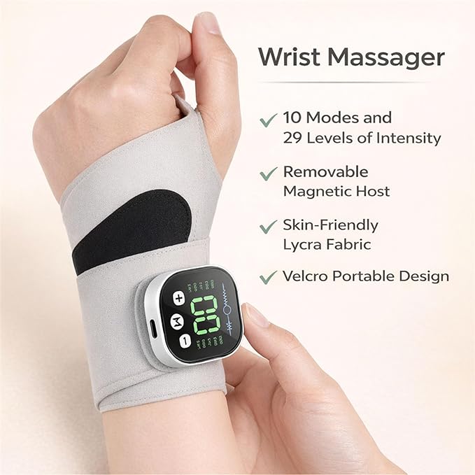 Rechargeable Electric Wrist Massager Rechargeable Heating Pad with 8 Modes &amp 30 Intensity Levels Ergonomic Wearable Design for Sports &amp Daily Use (White)