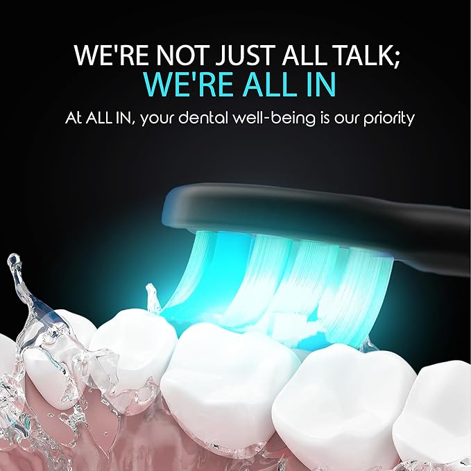 ALL IN Sonic Electric Toothbrush for Adults and Replacement Heads - Complete Toothbrush Kit - Blue + Red LED Light 4 Modes Soft Bristles 2-Minute Timer Rechargeable Waterproof BPA Free