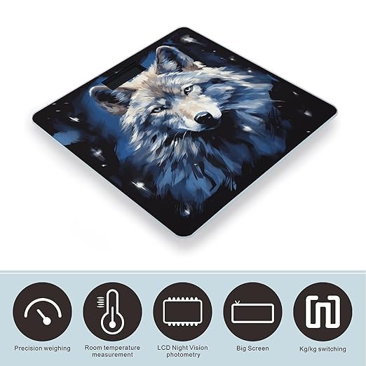 Wolf Head on Blue Background Bathroom Scale Ultra-Bright Liquid Crystal Screen Weight Scale Accurate Bathroom Body Scales for Body Weight Bathroom Pet Home Bedroom Gift-Giving
