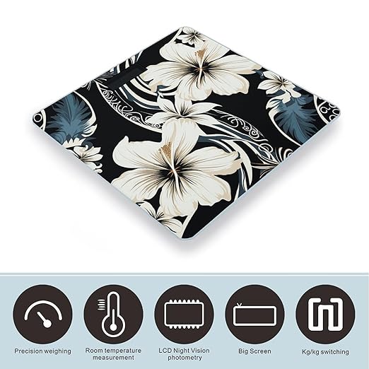Digital Bathroom Scale for Body Weight Scale with Bright LCD Display High Accuracy Step-On Technology Auto On/Off Black and White Hawaiian Flowers Digital Scales 400 Lbs /180kg