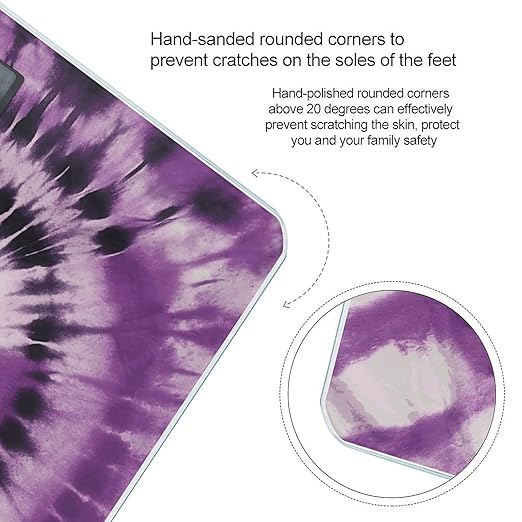 Purple Tie Dye Scale for Body Weight Anti-Slip Tempered Glass Digital Bathroom Scales Clear LCD Display Weighing Scale Safe Rounded Corners Smart Scales