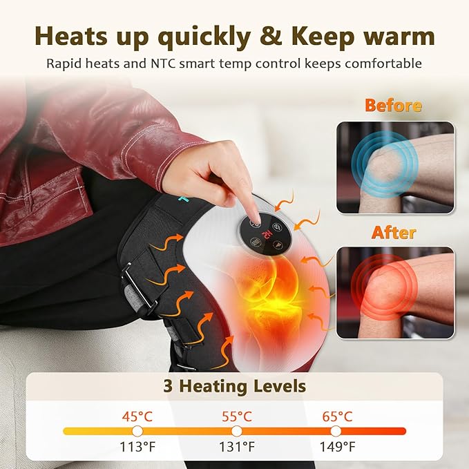 Electric Knee Massager for Relaxation Heating Pad with 3 Vibration Modes Heated Knee Brace Wrap 5000mAh High-capacity Battery Cordless and Portable Massager Gift for Men Women Black 1 Pack
