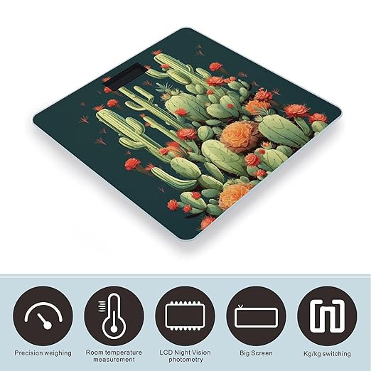 Cactus Art Scale for Body Weight Anti-Slip Tempered Glass Digital Bathroom Scales Clear LCD Display Weighing Scale Safe Rounded Corners Smart Scales