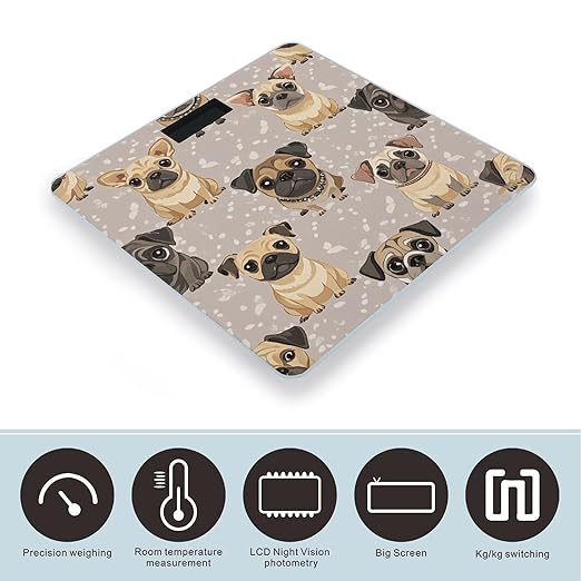 Cute Chihuahua Pug Pattern Bathroom Scale for Body Weight Bathroom Digital Electronic Weighing Scale with Back Lit LED Display Sturdy Tempered Glass Weight Watchers Scales 400lb