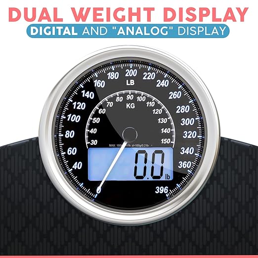 Adamson Hybrid 2-in-1 Analog &amp Digital Weighing Scale for Body Weight up to 400lbs + Thick Tempered Glass + Extra Large Display + Easy to Read Digital Bathroom Scale + New Version - Black Diamond