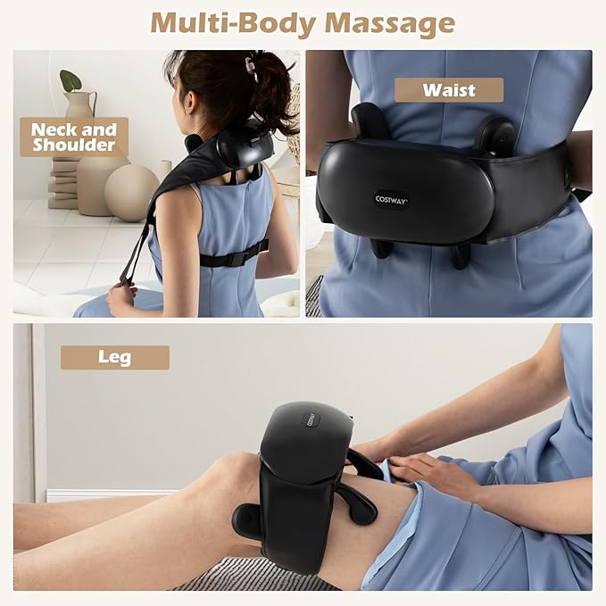 COSTWAY Neck Shoulder Massager 4D Deep Tissue Kneading Shiatsu Machine with 2 Heat Levels for Pain Relief Portable Cordless Neck Back Leg Massager Pillow Gift for Family Women Men Black