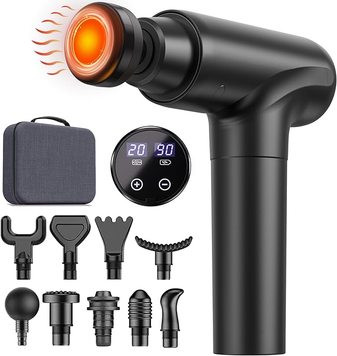 cotsoco Massage Gun with Heat Head Muscle Massage Gun Deep Tissue Back Massager for Pain Relief 20 Speeds Handheld Electric Massager Tool with Silent Brushless Motor Gym Office Home Travel Use
