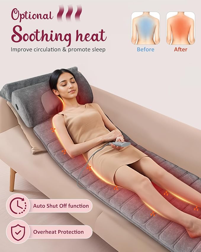 Full Body Massage Mat Detachable Neck Massager Back Massager Pad Massage Chair Full Body 10 Vibrating Motors 5 Massage Modes and 3 Heating Settings