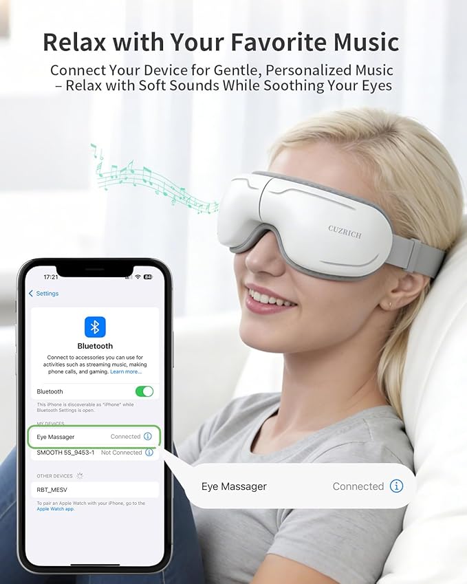 Eye Massager with Heat and Compression - Classic White Heated Eye Mask with Vibration Bluetooth Music 6 Modes Rechargeable 1200mAh Battery for Eye Strain Dry Eyes Migraines Relief