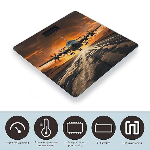 Military Plane Landing on Airforce Runways Against Beautiful Dusky Sky Bathroom Scale Rounded Smart Scale for Body Weight Automatic Power On/Off Weight Scales Accurate Bathroom Digital Scales for Pet