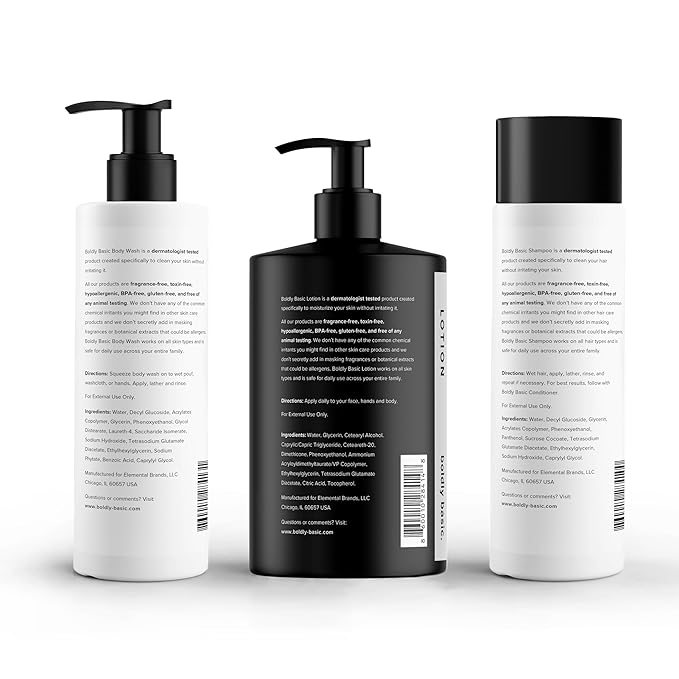 Boldly Basic Fragrance Free Body Wash Lotion and Shampoo - Gentle on Sensitive Skin and Hair - Unscented - Dermatologist Tested - No Sulfates Parabens or Gluten - Hypoallergenic