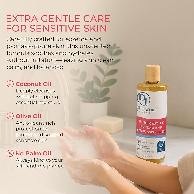 Dr. Jacobs Naturals Hypoallergenic Castile Soap Dermatologist Tested Unscented Soap for Eczema &amp Psoriasis Relief - Sensitive Skin Body Wash Vegan &amp Gluten-Free Formula for All-Day Hydration