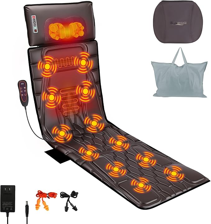 Full Body Massage Mat with Heat 12 Vibration Nodes Massage Chair Pad with 3 Heating Levels Multifunctional Full Body PU Relaxation Seat Back Massager with Head Neck Pillow for Home Office