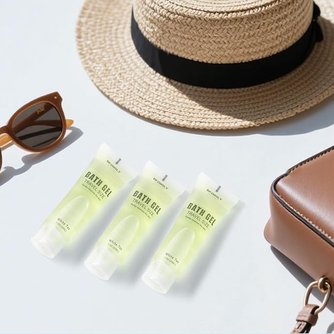 100 Pack Bulk Travel Size Body Wash 1oz Tubes White Tea Scent Mini Shower Gel for Hotel Guests TSA Approved Toiletries Individually Sealed for Airbnb Vacation Rentals