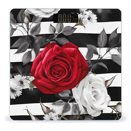 Black White Stripes Red Rose Flowers Bathroom Scale Weight Scale for Body WeightHighly Accurate Digital Weighing Machine Clear LED Display Digital Bathroom Body Scale 400lb/182kg