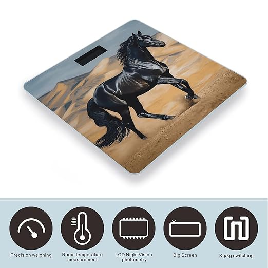 Black Arabian Horse Scale for Body Weight Anti-Slip Tempered Glass Digital Bathroom Scales Clear LCD Display Weighing Scale Safe Rounded Corners Smart Scales